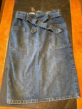 Denim Midi Skirt with Tie Waist - Blue